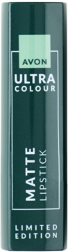 Ciemnozielone opakowanie szminki AVON Ultra Colour Matte Limited Edition z białymi napisami, widok z przodu.