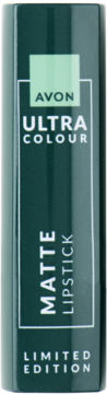 Avon Ultra Colour Matte Lipstick, ciemnozielona tubka z białym napisem, pionowy napis MATTE LIPSTICK, edycja limitowana.
