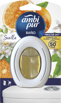 Ambi Pur Baño Sevilla, nieelektryczny odświeżacz łazienkowy o zapachu pomarańczy na tle cytrusów i kwiatów, widok z przodu.