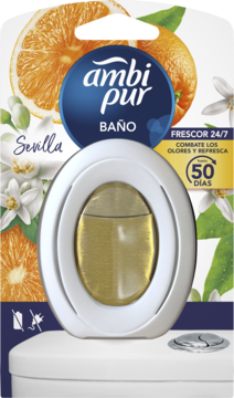 Ambi Pur Baño Sevilla, nieelektryczny odświeżacz łazienkowy o zapachu pomarańczy na tle cytrusów i kwiatów, widok z przodu.