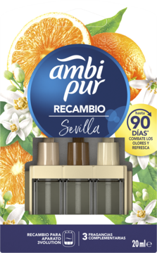Ambi Pur 3Volution wkład Sevilla Orange 20ml, z pomarańczą i kwiatami, 3 zapachy na 90 dni, widok przód.