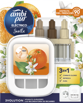 Ambi Pur 3Vol Starter Sevilla Orange, elektryczny odświeżacz z wtyczką i 3 wkładami, pomarańcze na opakowaniu.