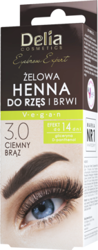 Delia Cosmetics Żelowa Henna do Rzęs i Brwi 3.0 Ciemny Brąz, brązowe pudełko z okiem.
