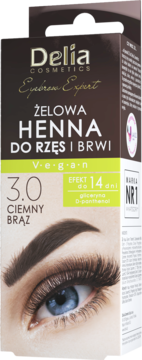 Delia Cosmetics Żelowa Henna do Rzęs i Brwi 3.0 Ciemny Brąz, brązowe pudełko z okiem.