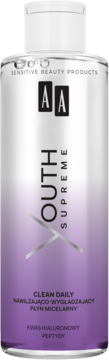 AA Youth Supreme Clean Daily micellar water, silver-purple bottle, white cap, front view, enriched with hyaluronic acid and peptides.
