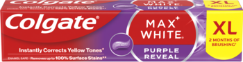 Pasta Colgate Max White Purple Reveal XL, korygująca żółte tony. Fioletowo-czerwone opakowanie, widok z przodu.
