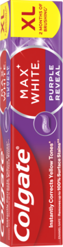 Pasta Colgate Max White Purple Reveal XL, korygująca żółte tony. Fioletowo-czerwone opakowanie, widok z przodu.