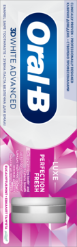 Biało-różowe opakowanie Oral-B 3D White Advanced Luxe Perfection Fresh, pasta z miętą, widok z przodu.