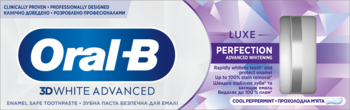 Oral-B 3D White Advanced Luxe Perfection pasta wybielająca, białe opakowanie z tubką i niebieskim logo.