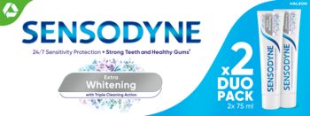 Zestaw pasty Sensodyne Extra Whitening (2x75ml) z ochroną przed nadwrażliwością, biało-niebieskie opakowanie, przód.