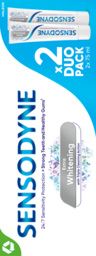 Zestaw pasty Sensodyne Extra Whitening (2x75ml) z ochroną przed nadwrażliwością, biało-niebieskie opakowanie, przód.