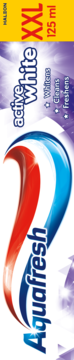 Aquafresh Active White XXL pasta wybielająca, opakowanie 125ml z czerwoną i niebieską falą, widok z przodu.