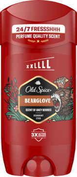 Czerwony dezodorant Old Spice Bearglove, zapach juicy berries, z ilustracją wściekłego niedźwiedzia, widok z przodu.