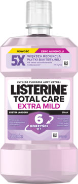 Listerine Total Care Extra Mild płyn do płukania ust 500ml, fioletowa butelka, zero alkoholu, widok z przodu.