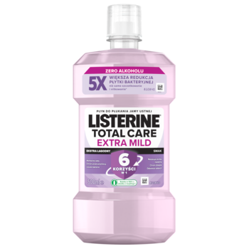 Listerine Total Care Extra Mild płyn do płukania ust, różowa butelka, napis zero alkoholu, widok z przodu.