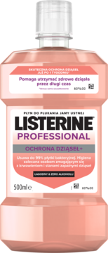 Listerine Professional Ochrona Dziąseł+ płyn do płukania jamy ustnej 500ml, różowa butelka, zero alkoholu, widok z przodu.