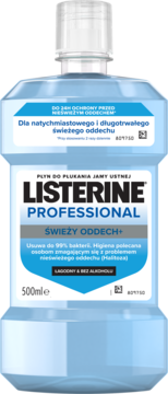 Listerine Professional Świeży Oddech+, 500ml, płyn do płukania jamy ustnej bez alkoholu, widok z przodu.