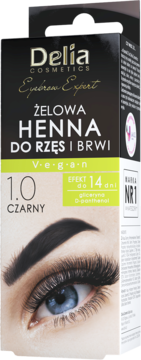 Delia Cosmetics Żelowa Henna do Rzęs i Brwi 1.0 CZARNY, opakowanie z ilustracją oka i efektem 14 dni.