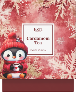 Świeca sojowa Ezti Candles Cardamom Tea w świątecznym pudełku: czerwone tło ze śnieżynkami, pingwin.