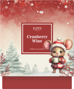 Opakowanie świecy sojowej Cranberry Wine, czerwono-białe, z myszką w czapce Mikołaja i zimowym krajobrazem.