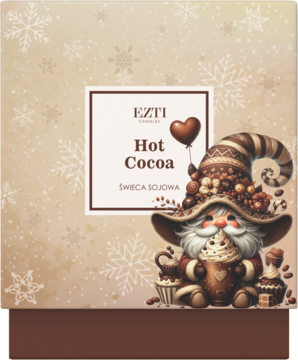 Kwadratowe pudełko świecy sojowej Hot Cocoa, beżowe ze śnieżynkami, z gnomem i sercem-balonem.