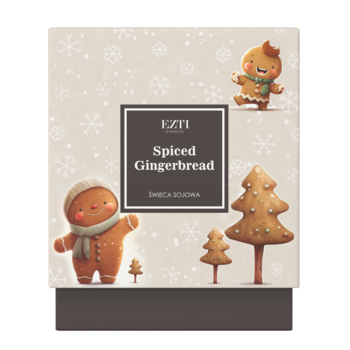 Świąteczne opakowanie świecy sojowej Ezti Candles Spiced Gingerbread, z piernikowymi ludzikami i drzewkami.