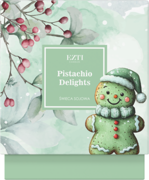 Zielone opakowanie świecy sojowej Pistachio Delights. Ilustracja pierniczka i roślin z czerwonymi owocami, widok z przodu.
