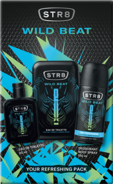 Zestaw STR8 WILD BEAT: EDT 50ml, EDT 100ml i dezodorant 150ml, w opakowaniu z geometrycznym wzorem.