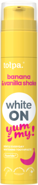 Żółta wybielająca pasta Tołpa White ON Banana & Vanilla Shake w butelce z pompką. Widok z przodu.