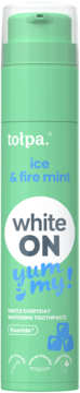 Zielona butelka Tołpa White ON Yummy! Ice & Fire Mint, pasta wybielająca z pompką, widok z przodu.