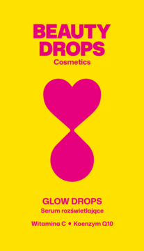 Żółte opakowanie Beauty Drops Glow Drops serum rozświetlające, z różową grafiką, witaminą C, Q10, przód.