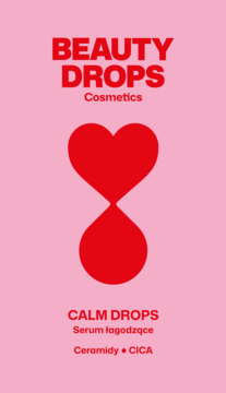 Różowe opakowanie BEAUTY DROPS CALM DROPS serum z ceramidami i CICA, przód, grafika z czerwonym klepsydrowym sercem.