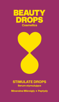 Fioletowe opakowanie Beauty Drops STIMULATE DROPS, serum z Mikroigłami i Peptydami, żółte logo. Widok z przodu.