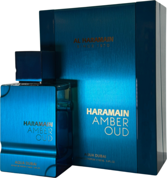 Metaliczna, turkusowa butelka perfum Al Haramain Amber Oud Aqua Dubai EDP i pasujące pudełko, widok z przodu.