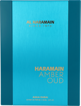 Al Haramain Amber Oud Aqua Dubai ekstrakt perfum 100ml w turkusowym pudełku z złotymi napisami, widok z przodu.