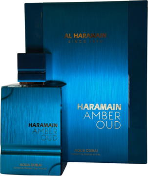 Al Haramain Amber Oud Aqua Dubai: niebieski flakon perfum i pudełko z metalicznym, szczotkowanym wykończeniem.