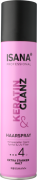Isana Professional Keratin & Glanz lakier do włosów, różowa puszka z czarną nakrętką, utrwalenie 4, widok z przodu.