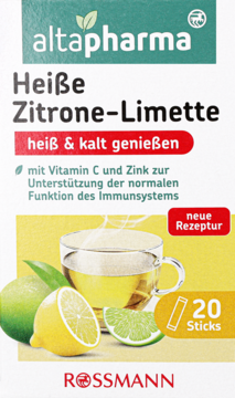 Altapharma Heiße Zitrone-Limette 20 Sticks, biało-zielone pudełko z cytryną, limonką, witaminą C i cynkiem.