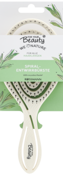 Beżowa spiralna szczotka do rozczesywania FOR YOUR Beauty w ekologicznym opakowaniu z zielonymi liśćmi, widok z przodu.