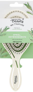 Beżowa spiralna szczotka do rozczesywania FOR YOUR Beauty w ekologicznym opakowaniu z zielonymi liśćmi, widok z przodu.