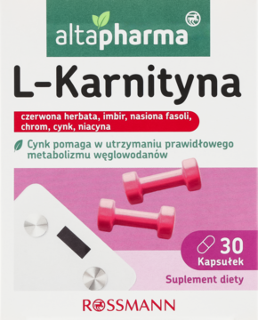 Biało-zielone pudełko Altapharma L-Karnityna 30 kapsułek, suplement diety z cynkiem, z grafiką hantli.
