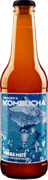 Prager's Kombucha Yerba Mate, bursztynowa butelka z niebieską etykietą i probiotykami, widok frontalny.