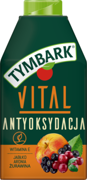 Tymbark Vital Antyoksydacja, ciemnozielony karton, widok z przodu. Z witaminą E, jabłkiem, aronią, żurawiną.