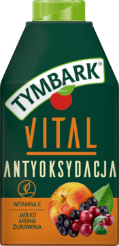 Tymbark Vital Antyoksydacja, ciemnozielony karton, widok z przodu. Z witaminą E, jabłkiem, aronią, żurawiną.