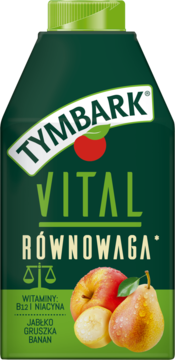 Zielony karton Tymbark Vital Równowaga, napój jabłko-gruszka-banan z witaminami B12 i niacyną, widok z przodu.