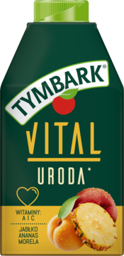 Ciemnozielony karton Tymbark Vital Uroda, sok jabłko, ananas, morela, witaminy A, C. Widok z przodu.