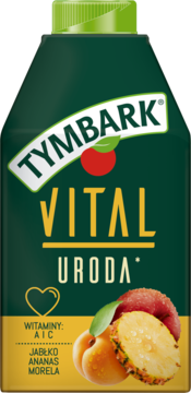 Ciemnozielony karton Tymbark Vital Uroda, sok jabłko, ananas, morela, witaminy A, C. Widok z przodu.