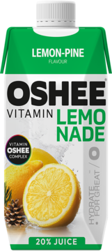 OSHEE Vitamin Lemonade Lemon-Pine w zielono-białym kartonie, widok z przodu. Zawiera 20% soku i witaminy.