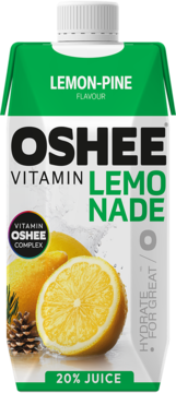 OSHEE Vitamin Lemonade Lemon-Pine w zielono-białym kartonie, widok z przodu. Zawiera 20% soku i witaminy.