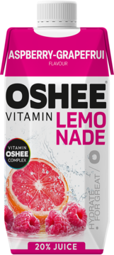 OSHEE Vitamin Lemonade raspberry-grapefruit, pink carton, 20% juice, with sliced grapefruit and raspberries, frontal view.